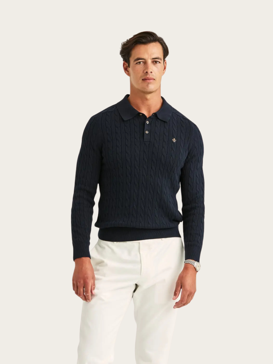 LANCASTER CABLE KNIT POLO, OLD BLUE