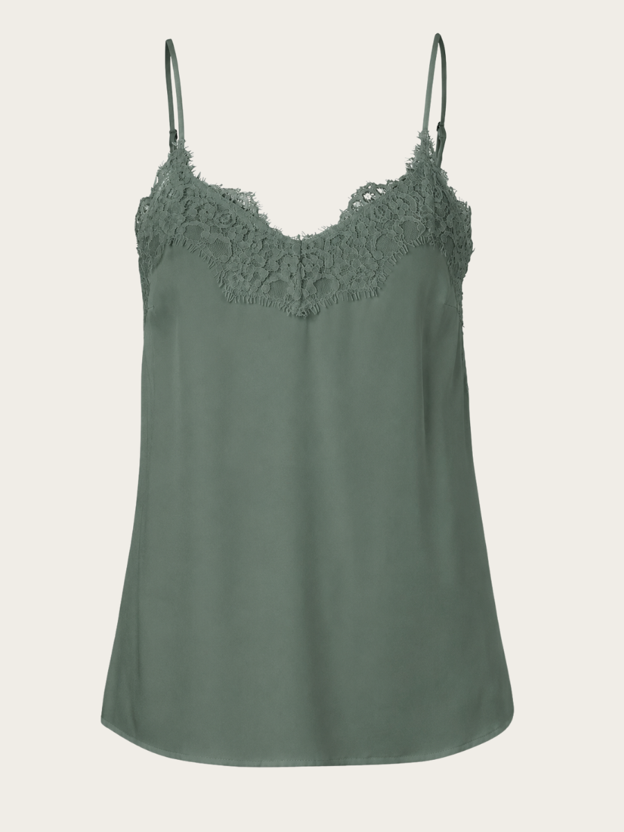 JADE SILK STRAP LACE TOP, BALSAM GREEN