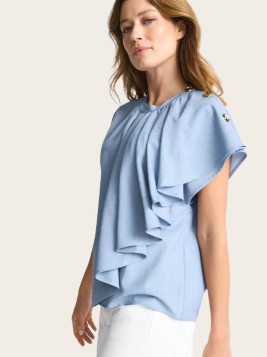 BLOUSE W/RUFFLES & BUTTONS, SKYWAY BLUE
