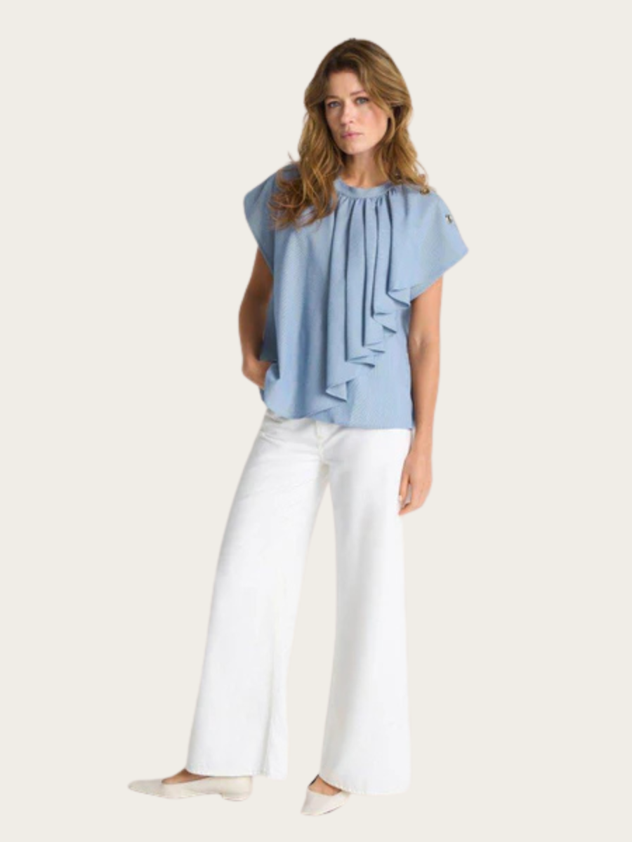BLOUSE W/RUFFLES & BUTTONS, SKYWAY BLUE