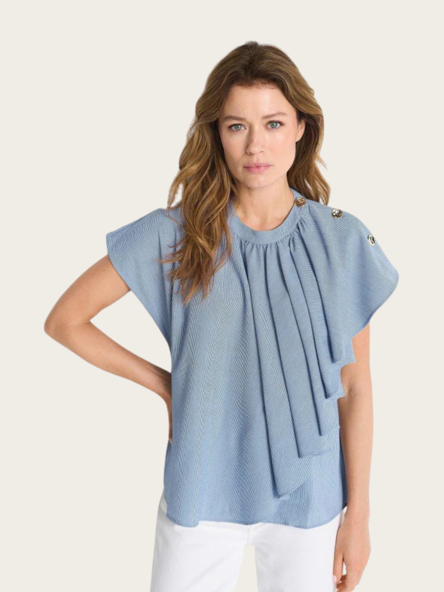 BLOUSE W/RUFFLES & BUTTONS, SKYWAY BLUE