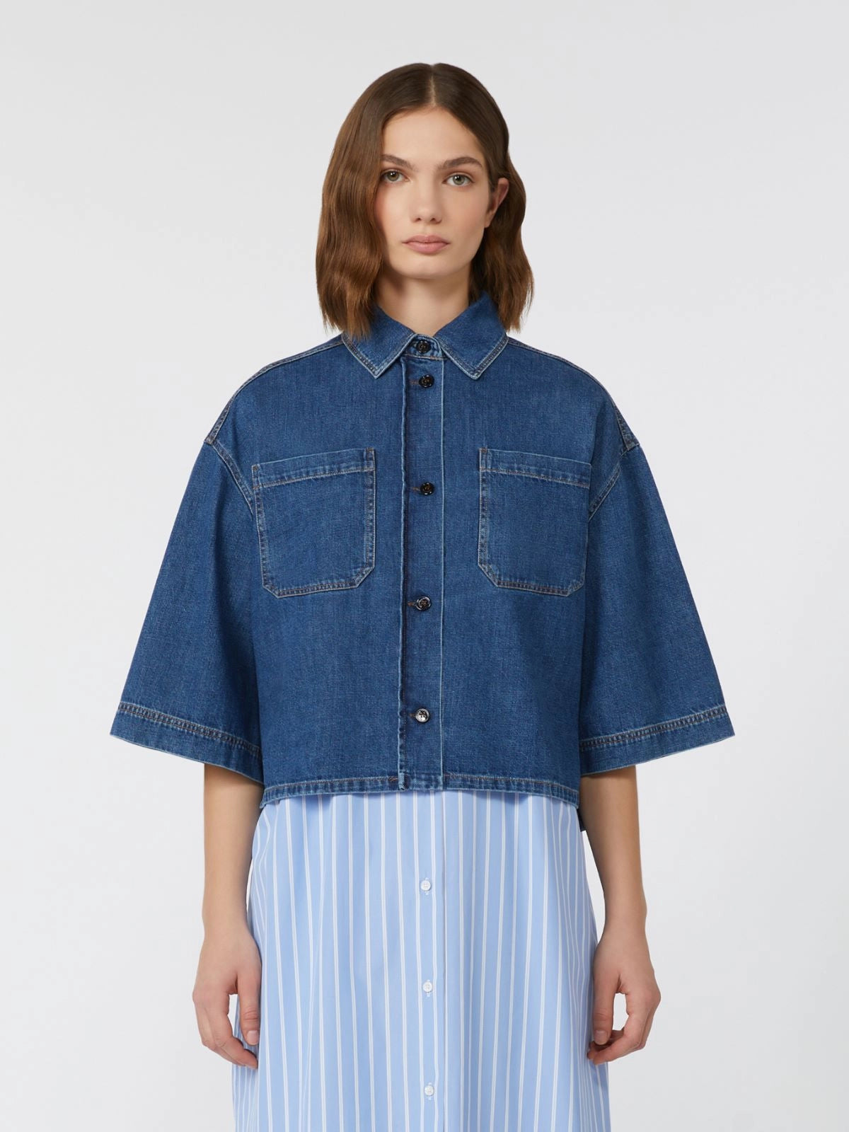ENZA CROPPED DENIM SHIRT, MEDIUM BLUE