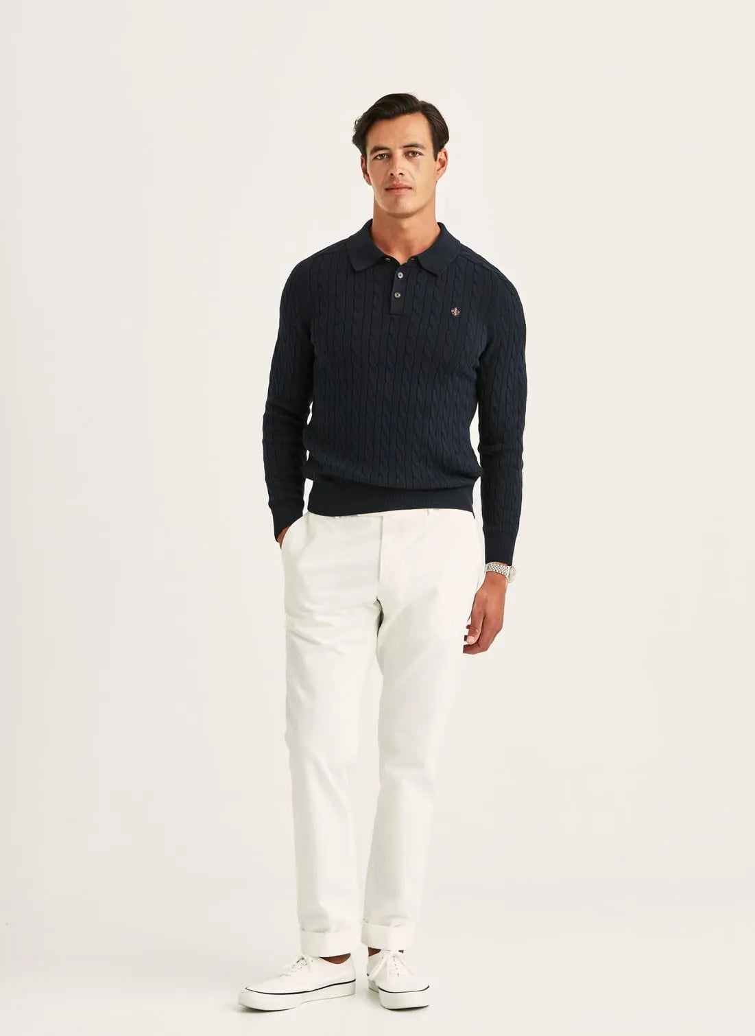 LANCASTER CABLE KNIT POLO, OLD BLUE