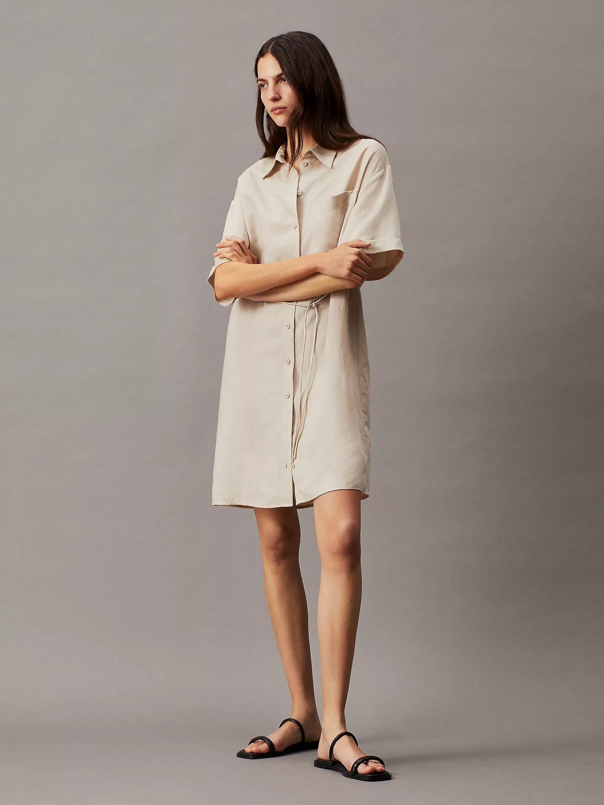 Linen Blend Relaxed Shirt Dress, Peyote