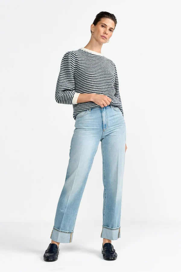 Striped Crew Puff Sleeves, Midnight Blue