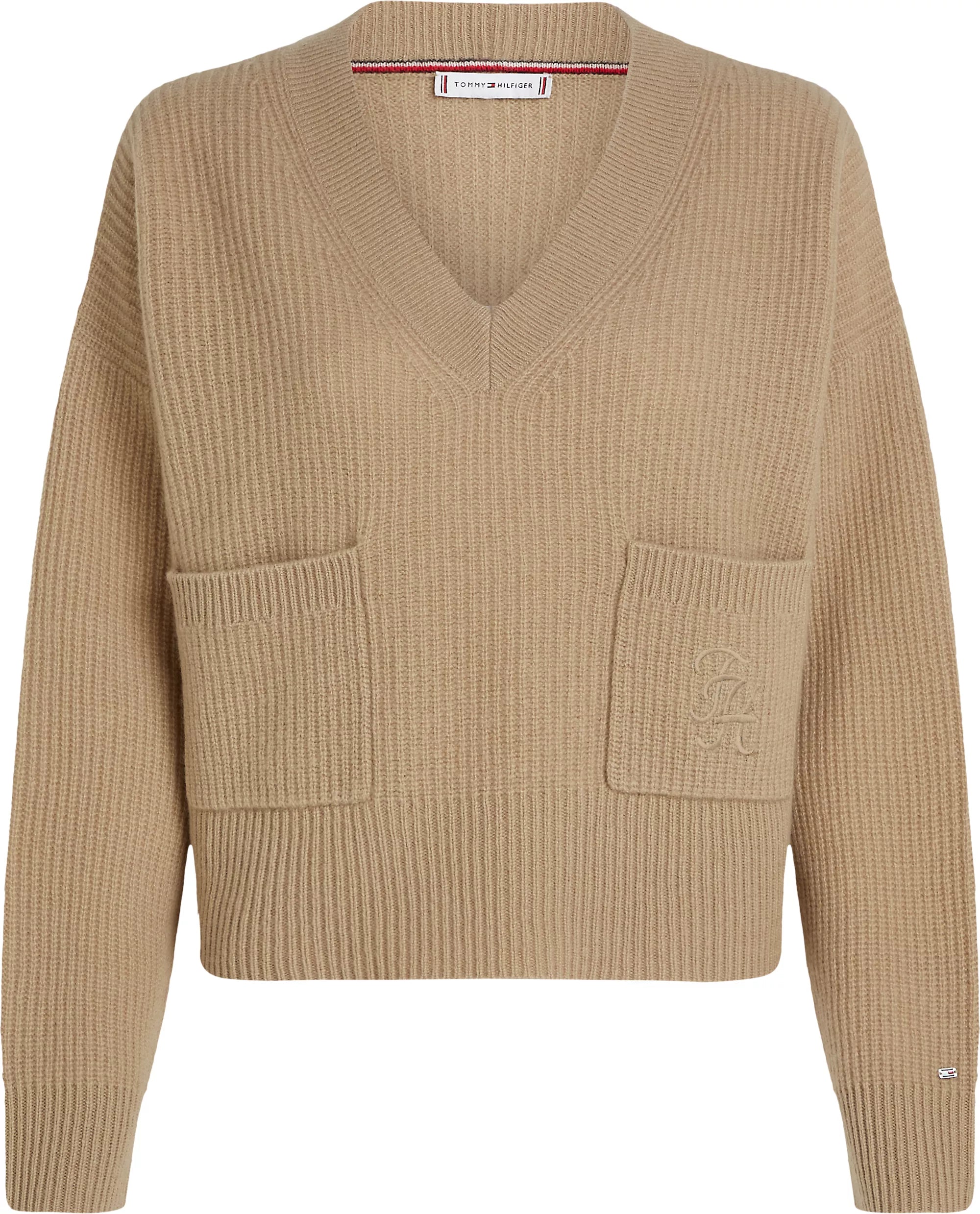 TH Script Soft Wool V-NK Sweater, Beige