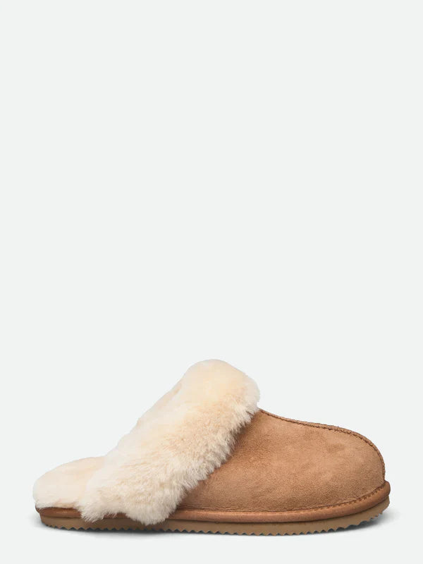 RHSYDNEY SHEARLING REVERSED STITCH SLIPPERS, ALMOND