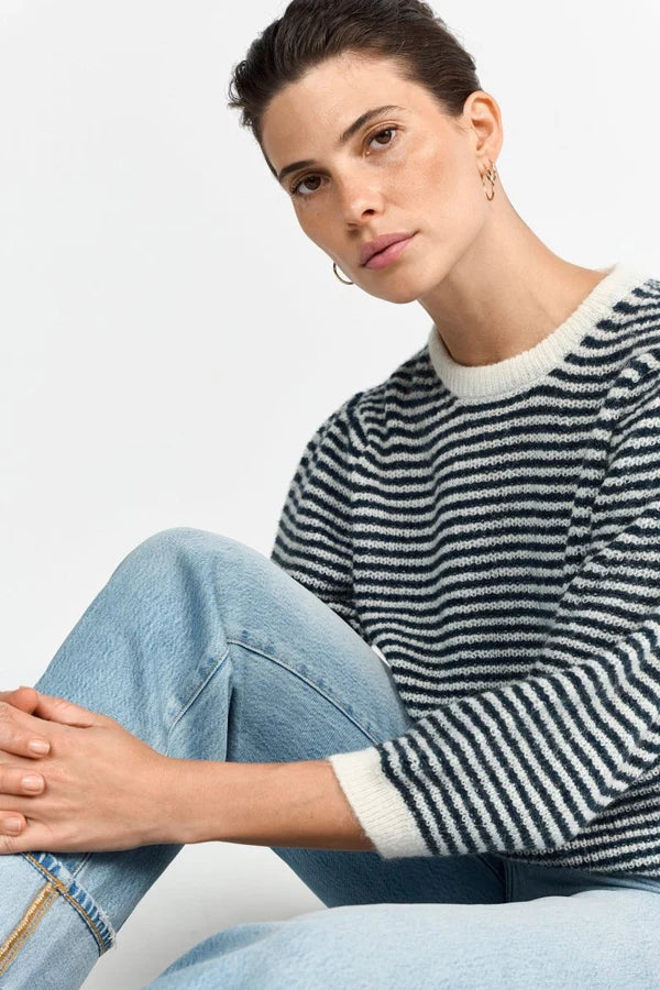 Striped Crew Puff Sleeves, Midnight Blue