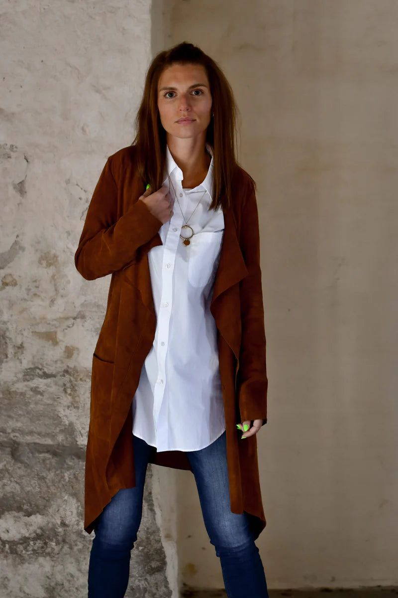 LONG SUEDE CARDIGAN, COGNAC