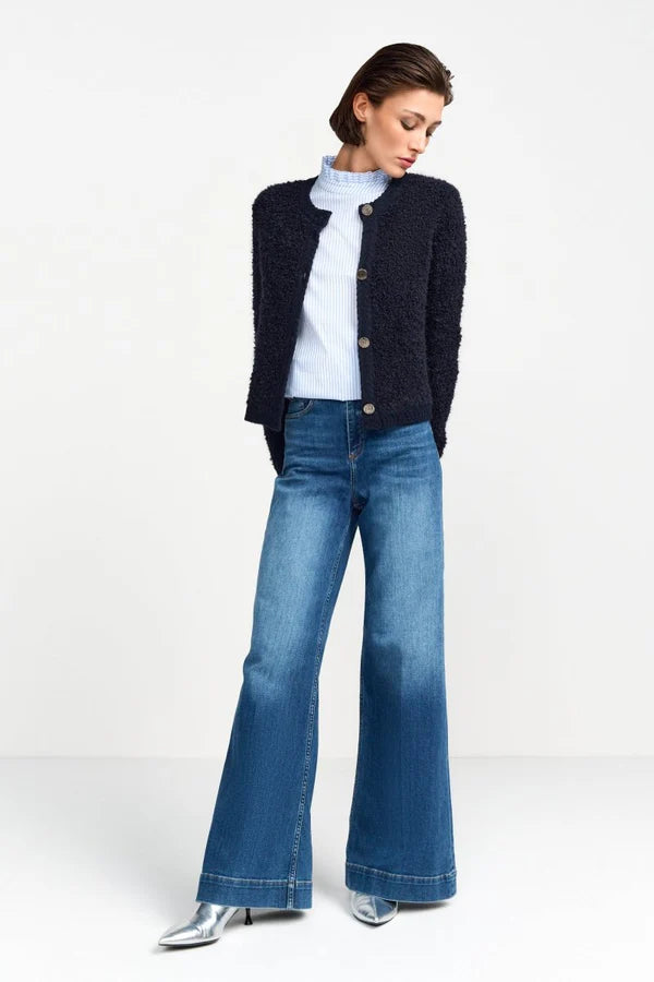 Bouclé Crew Neck Cardigan, Midnight Blue