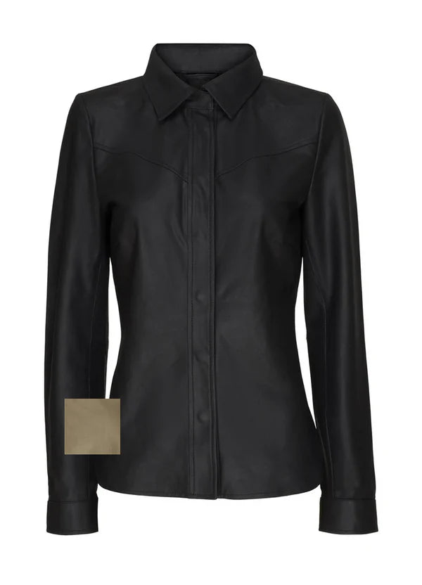 SHORT SLIM LEATHER SHIRT, OLIVE GREEN