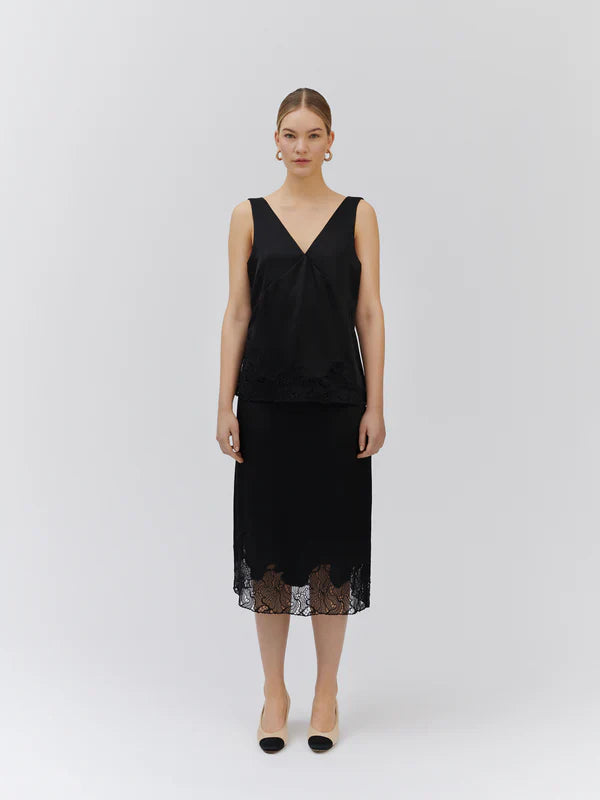 SKIRT W/LACE DETAIL, BLACK