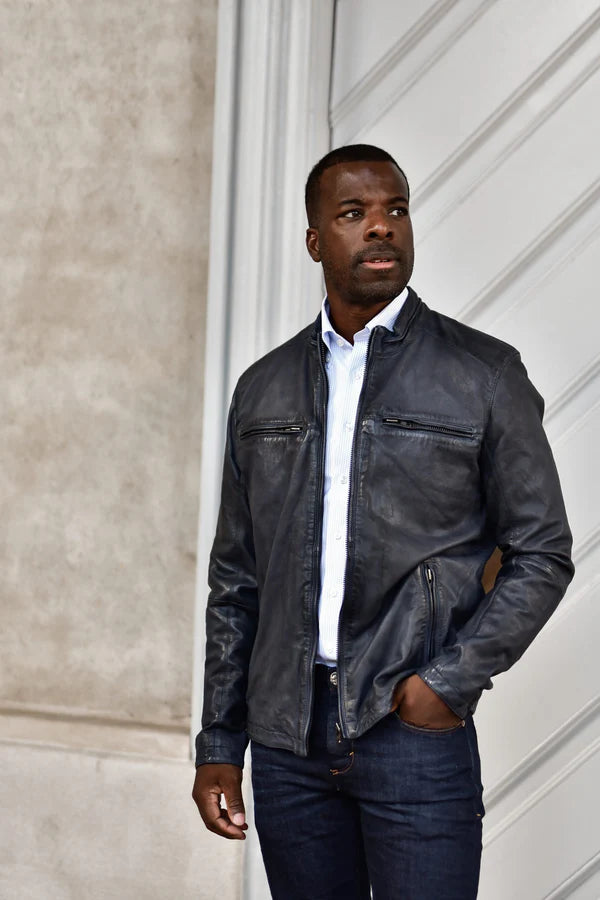 MENS LEATHER JACKET, NAVY W/GUN METAL ACCENTS