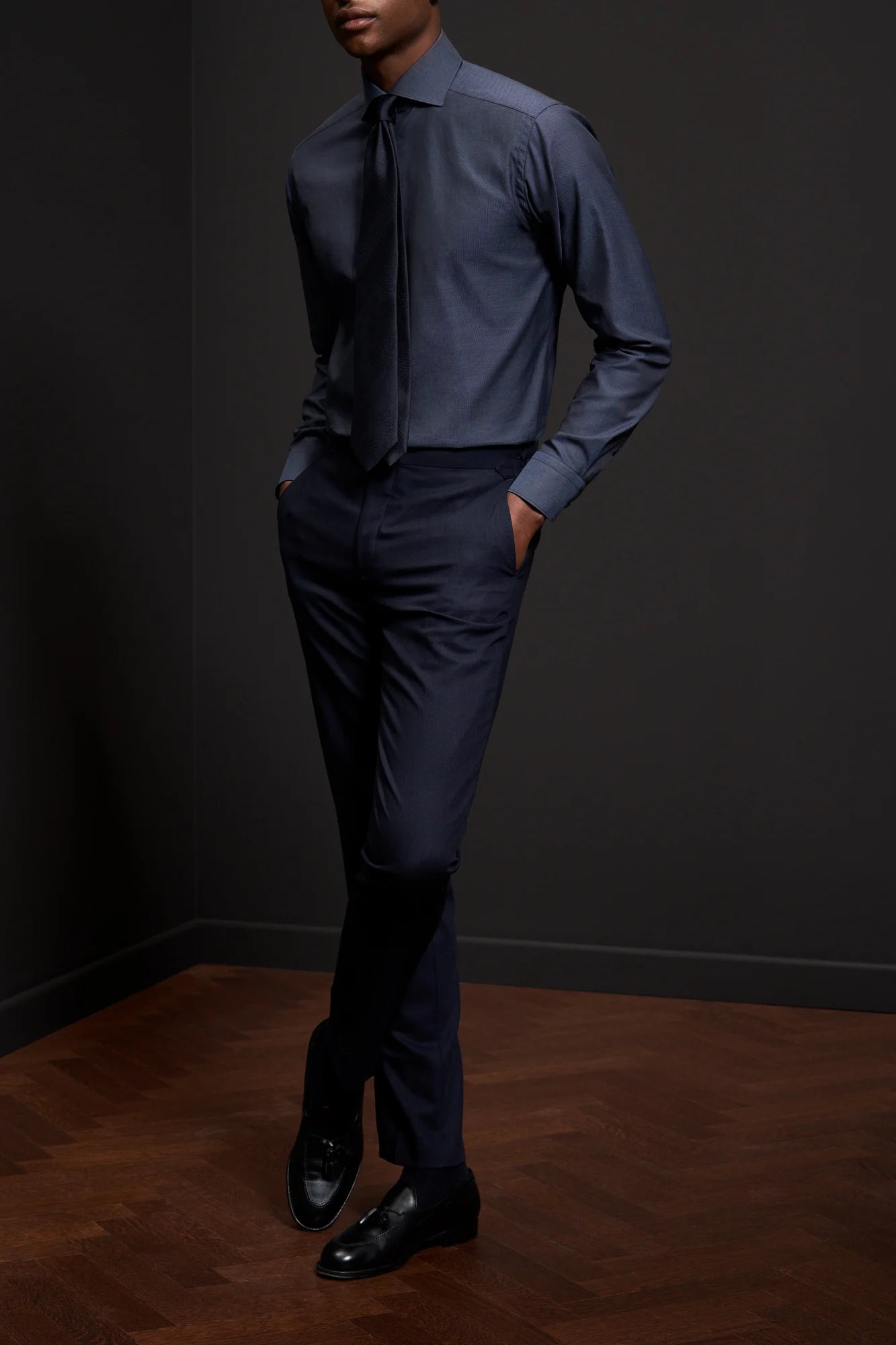 Semi Solid Signature Dobby Shirt, Slim, Navy Blue