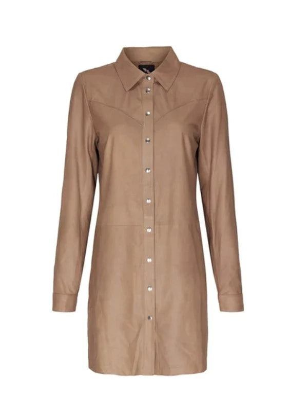 LONG SHIRT DRESS, SATIN BEIGE