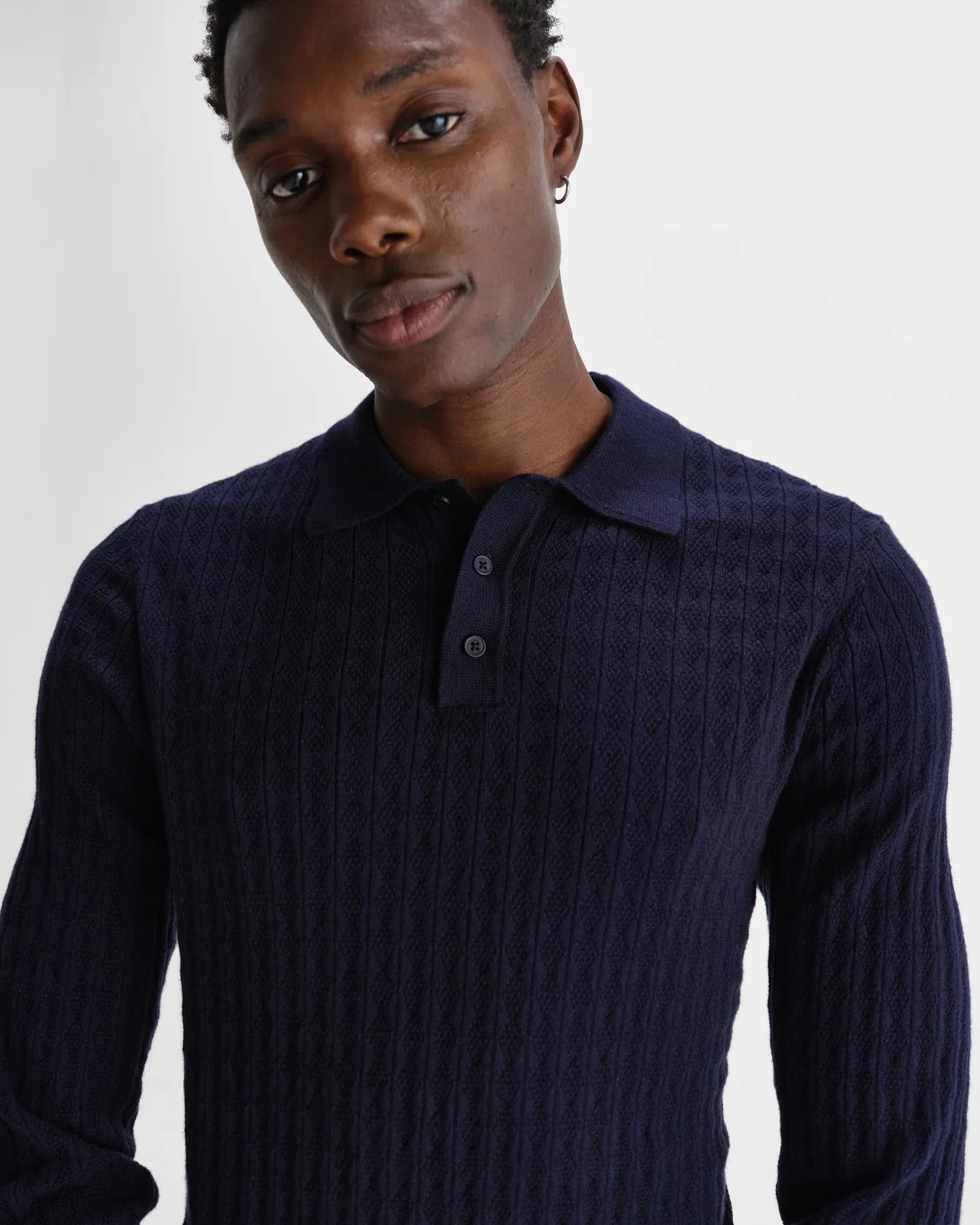 OBAN DIAMOND STRIPE KNITTED POLO, NAVY