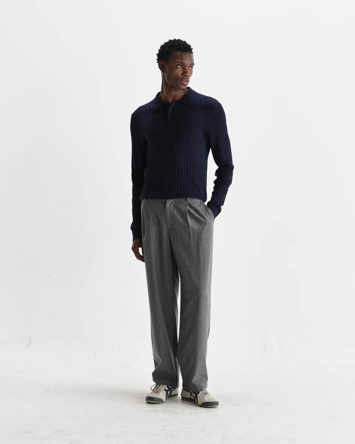 OBAN DIAMOND STRIPE KNITTED POLO, NAVY