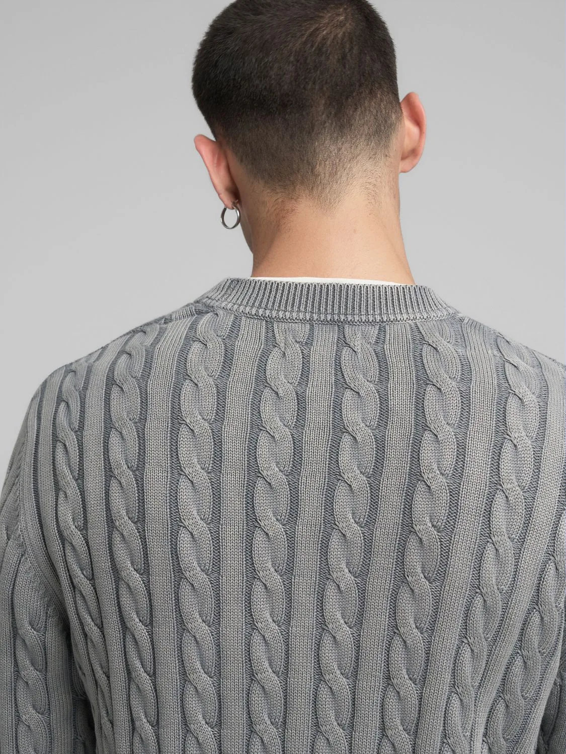 COTTON PULLOVER CABLE KNIT, STEEL GREY