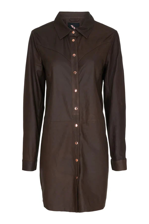 LONG SHIRT DRESS, CHOCOLATE BROWN W/COPPER