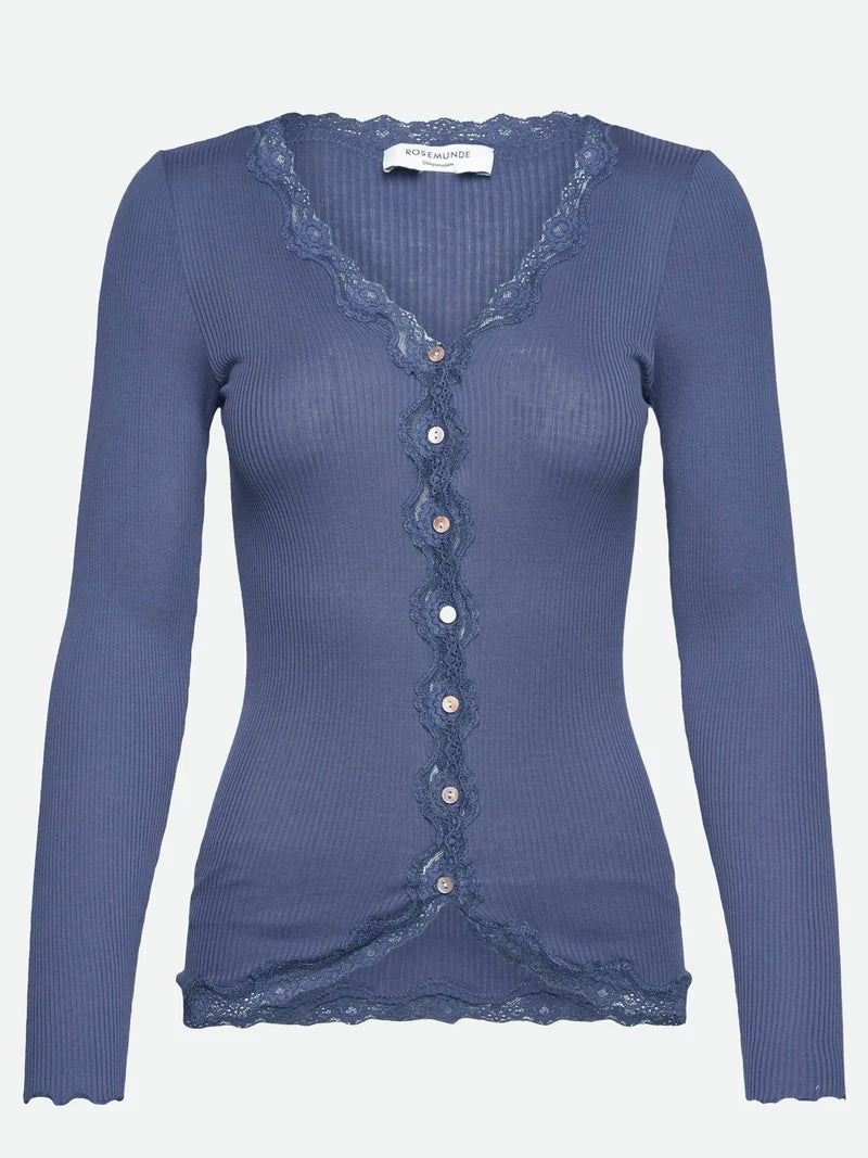 Silk Cardigan w/ Lace, True Navy