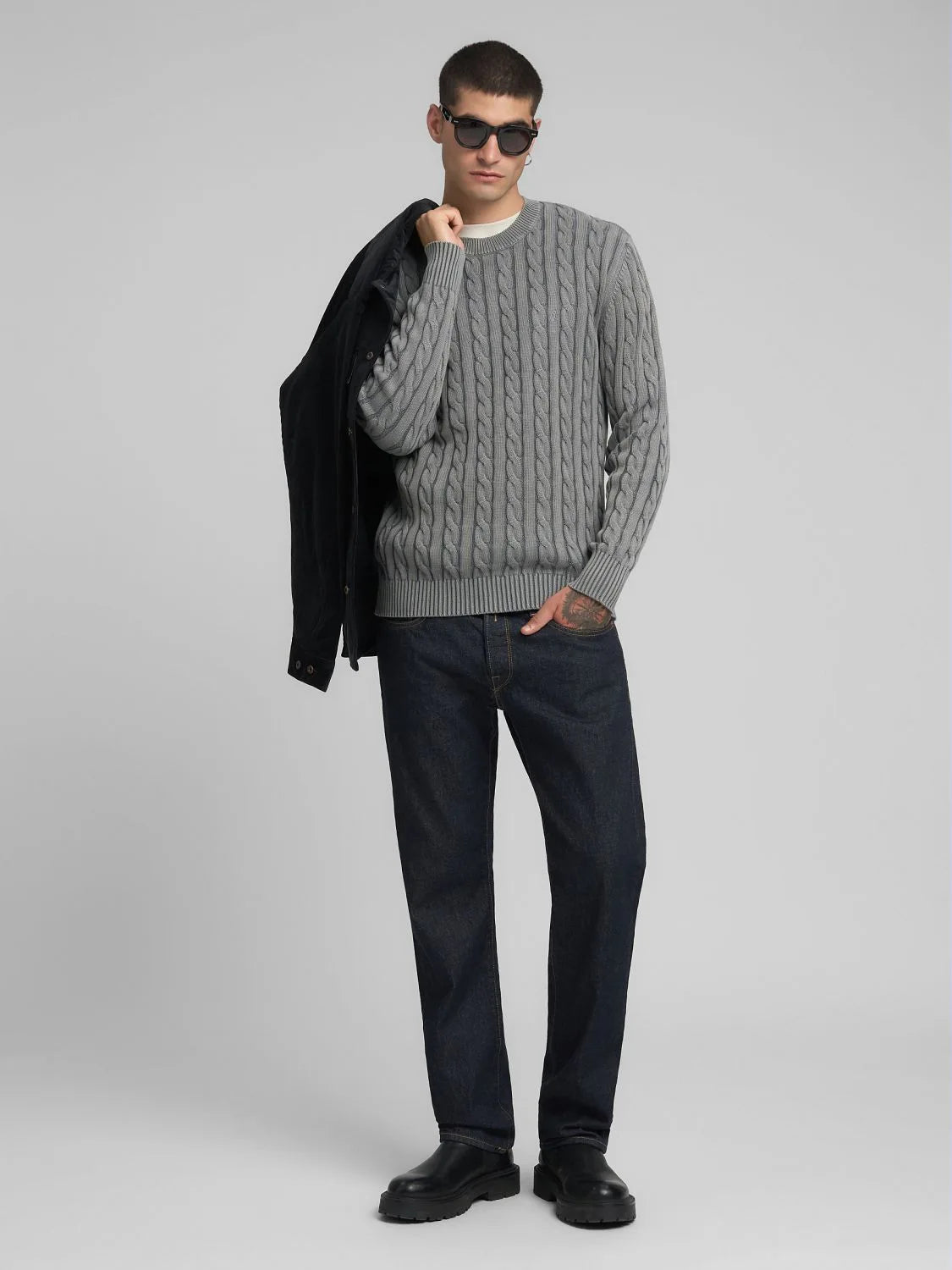 COTTON PULLOVER CABLE KNIT, STEEL GREY