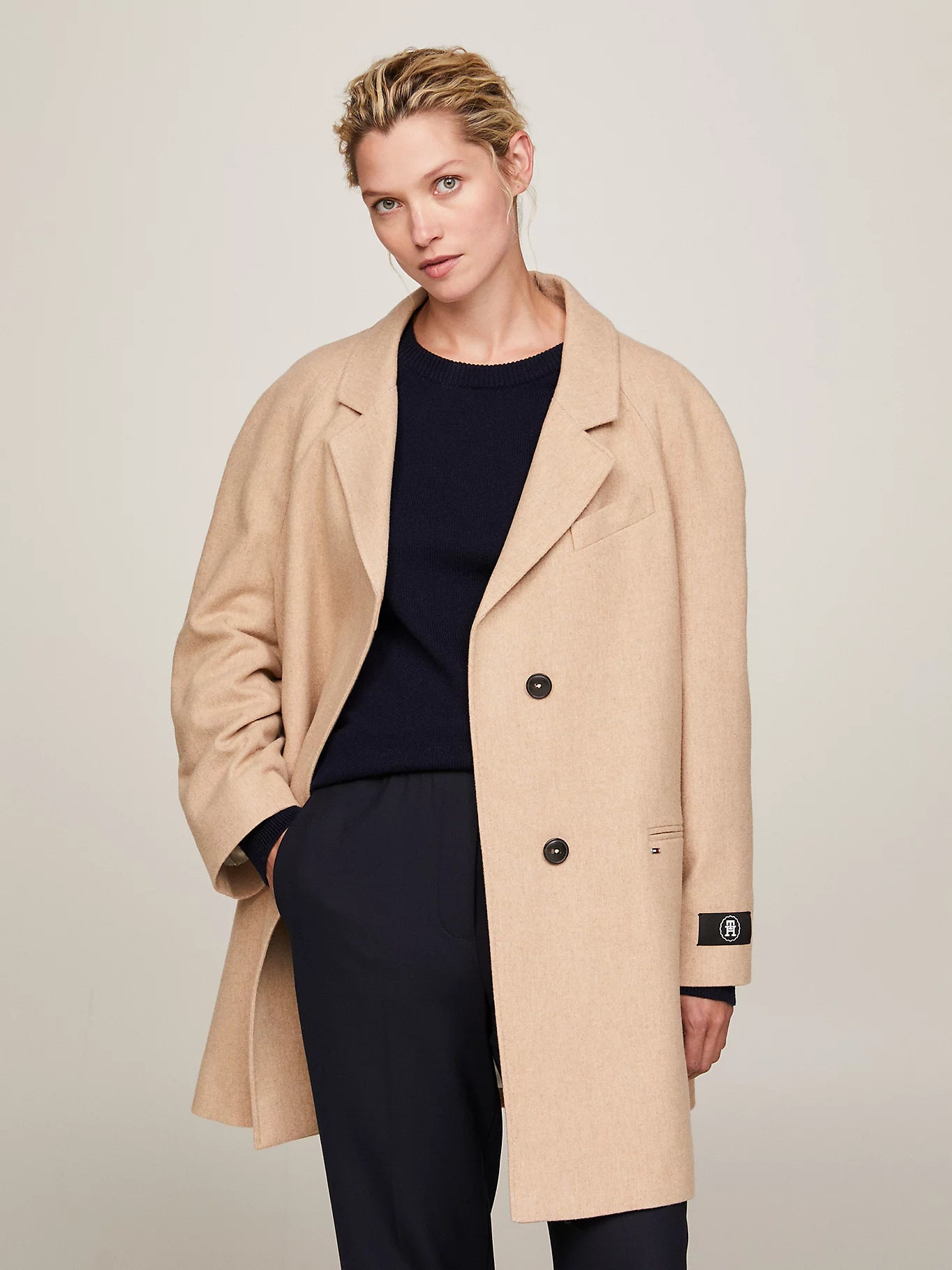 SMD Wool Blend Short Oversized Coat, Beige