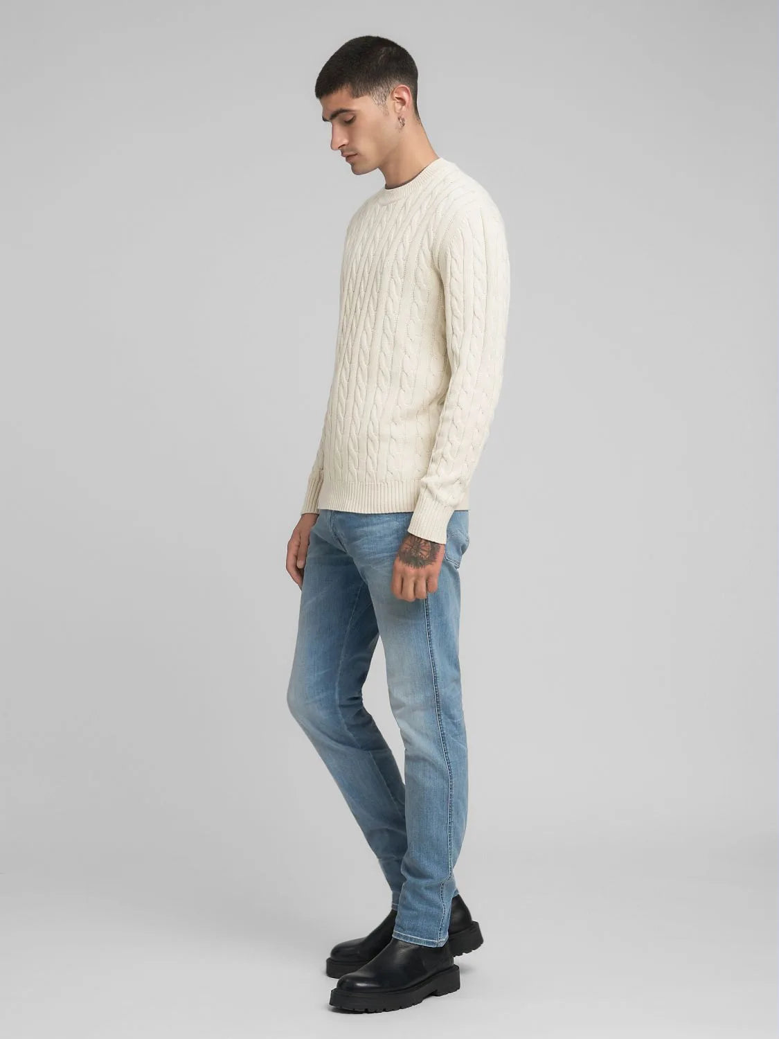 COTTON PULLOVER CABLE KNIT, ICE