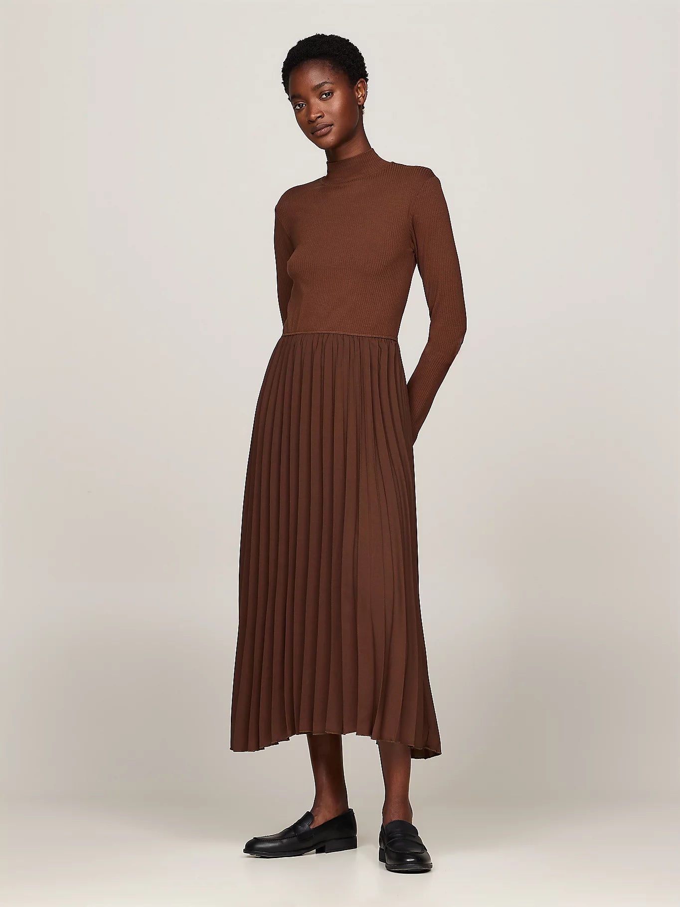 Rib Mix & Pleated Dress LS, Legacy Brown