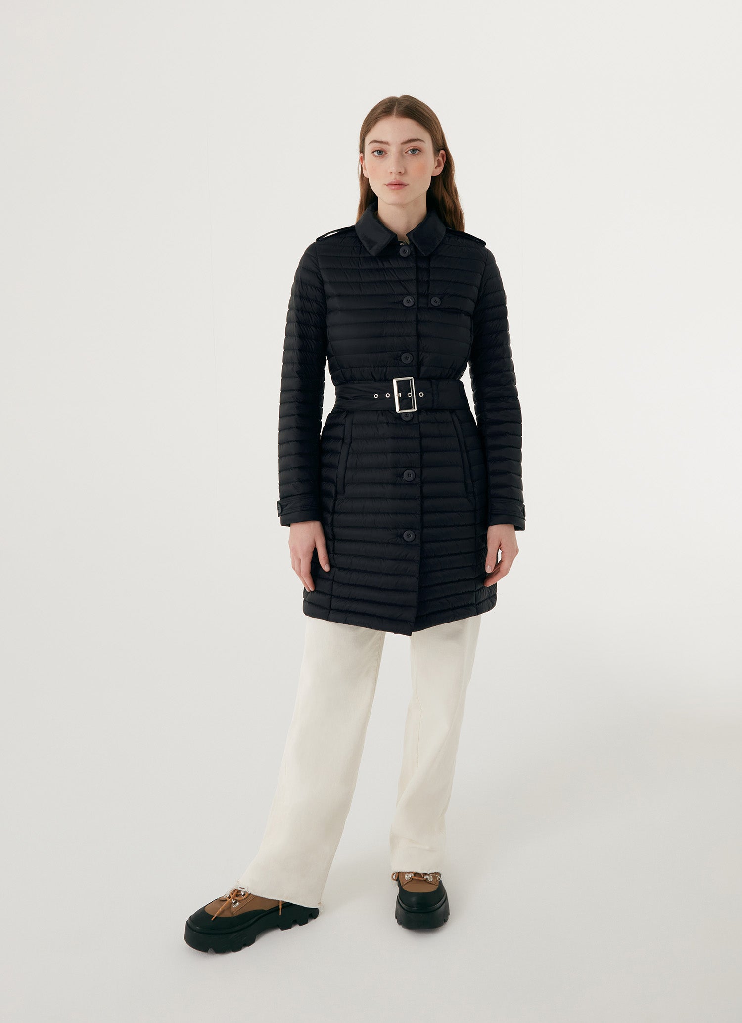 Ladies down jacket w/belt, navy