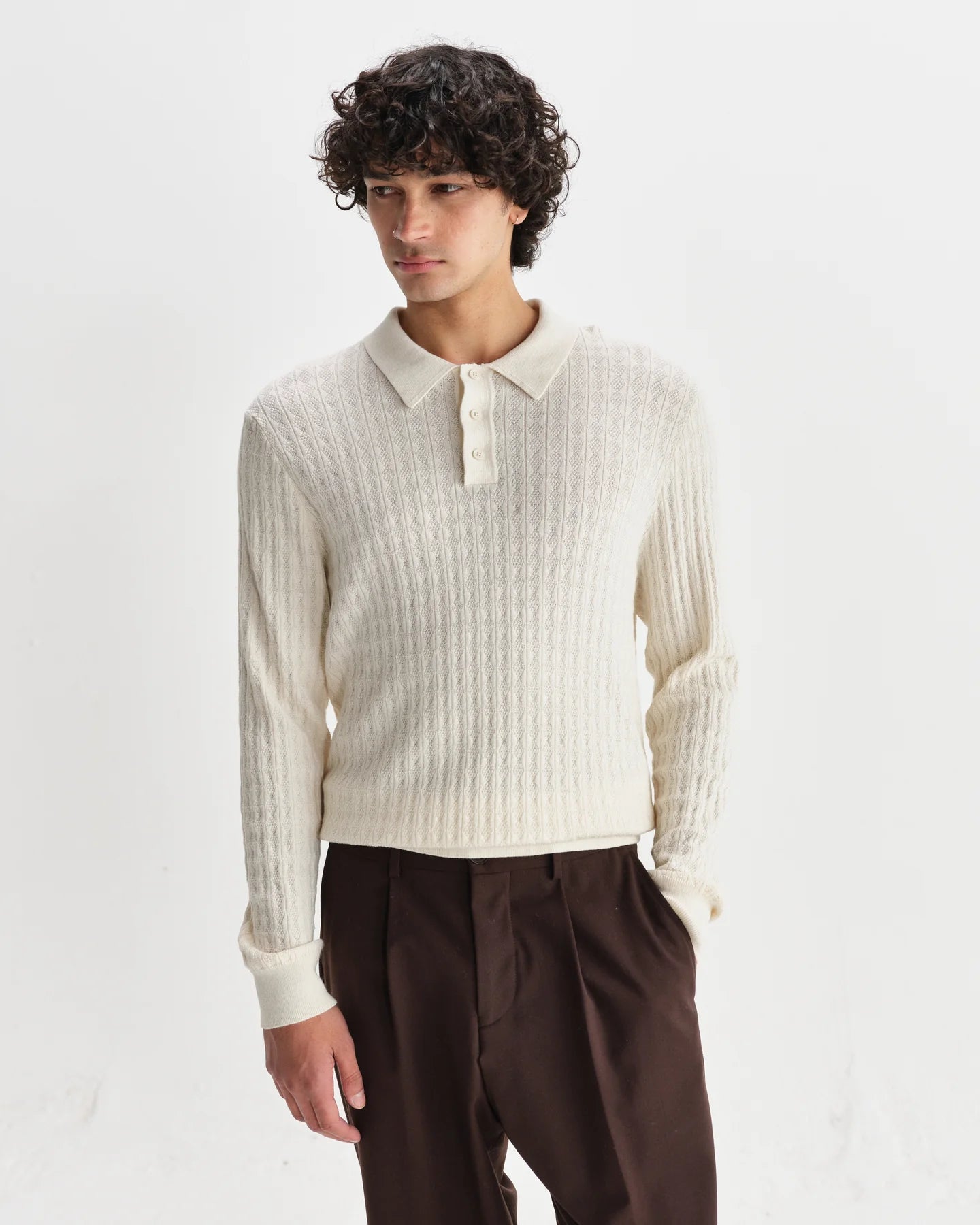 OBAN DIAMOND STRIPE KNITTED POLO, ECRU