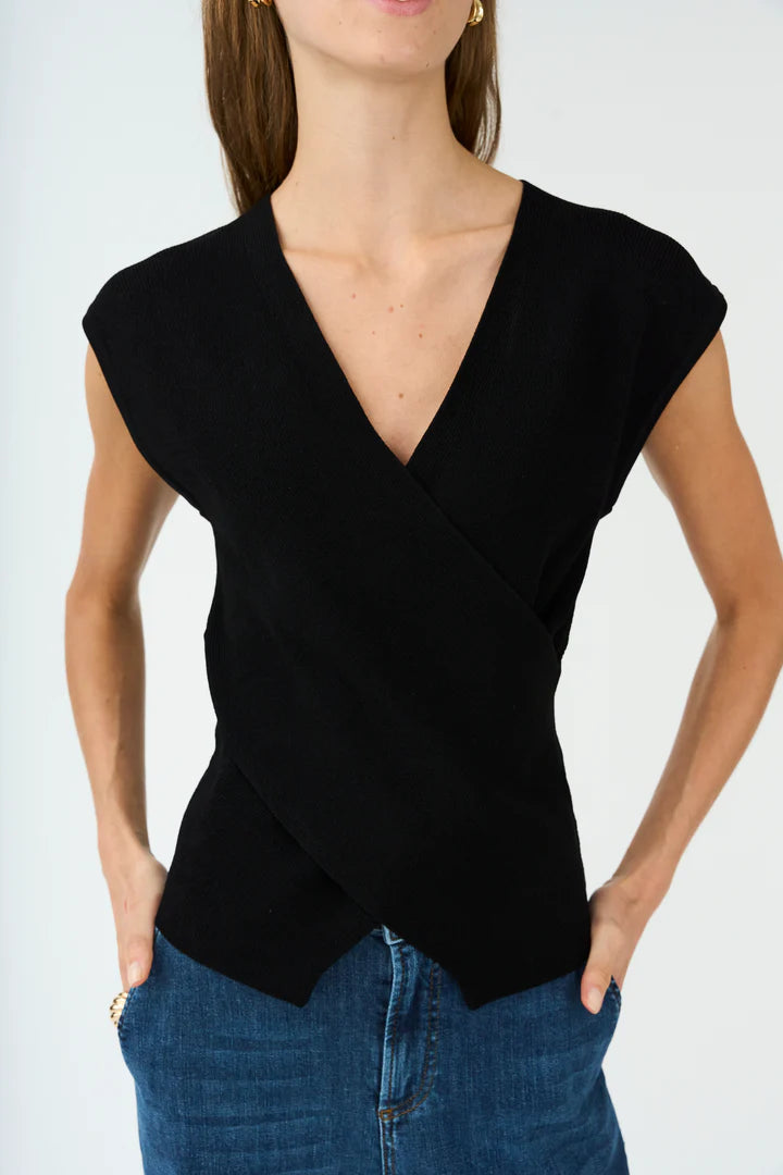 VIGGA CROSS-OVER KNIT TOP, BLACK