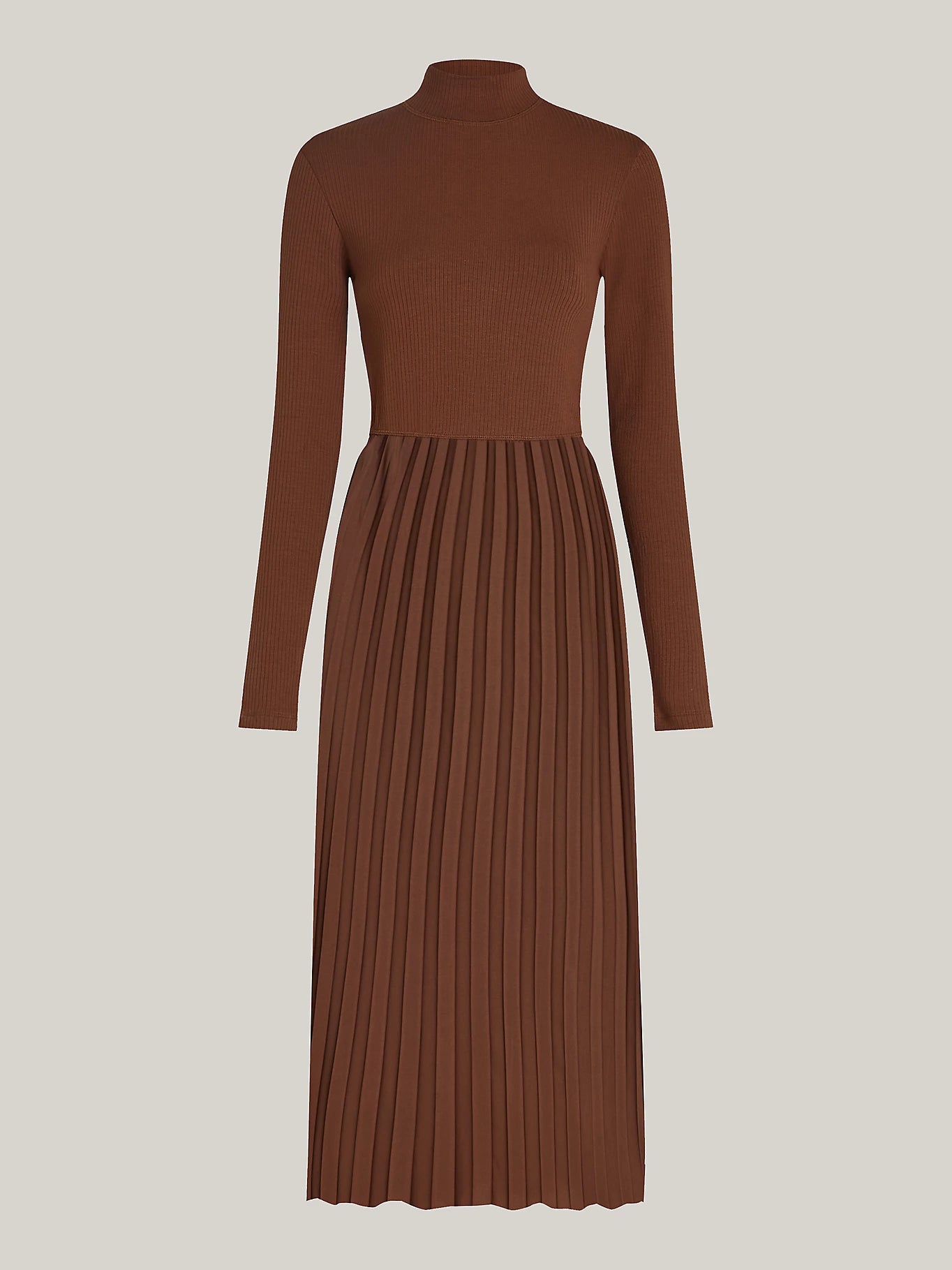 Rib Mix & Pleated Dress LS, Legacy Brown