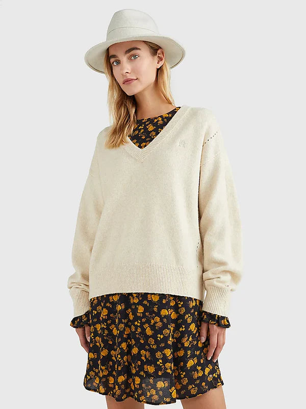 PUFF SLEEVE V-NK SWEATER, HEATHERED OATMILK