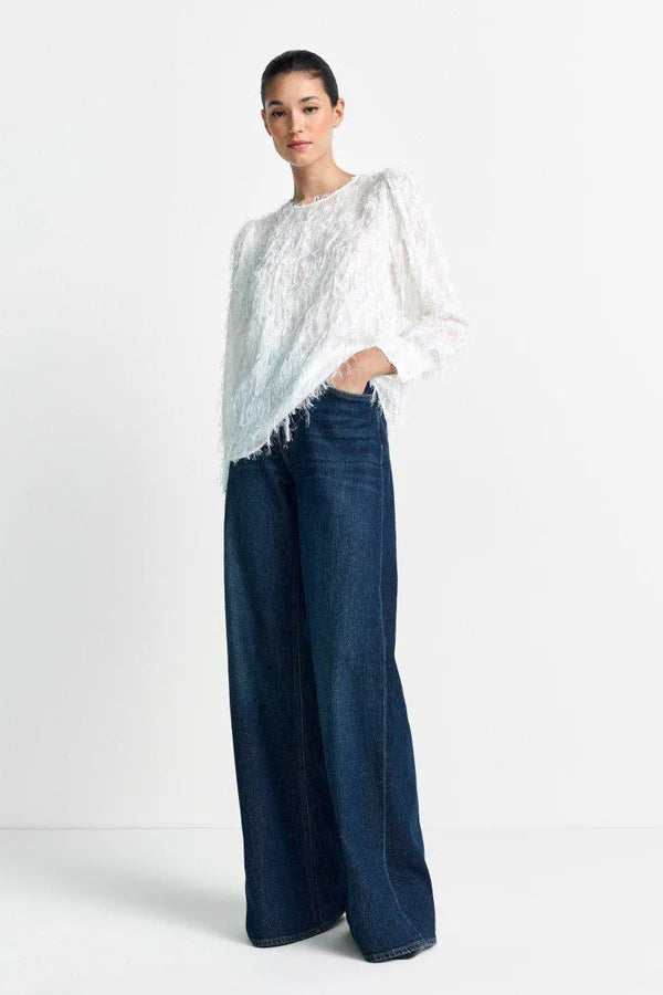 CHIFFON BLOUSE W/FRINGE, WHITE
