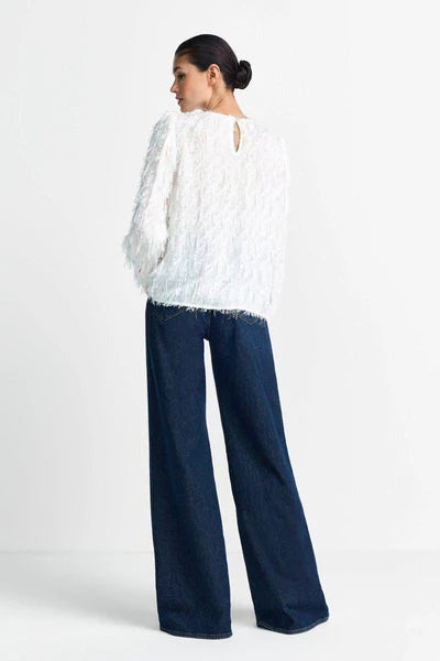 CHIFFON BLOUSE W/FRINGE, WHITE