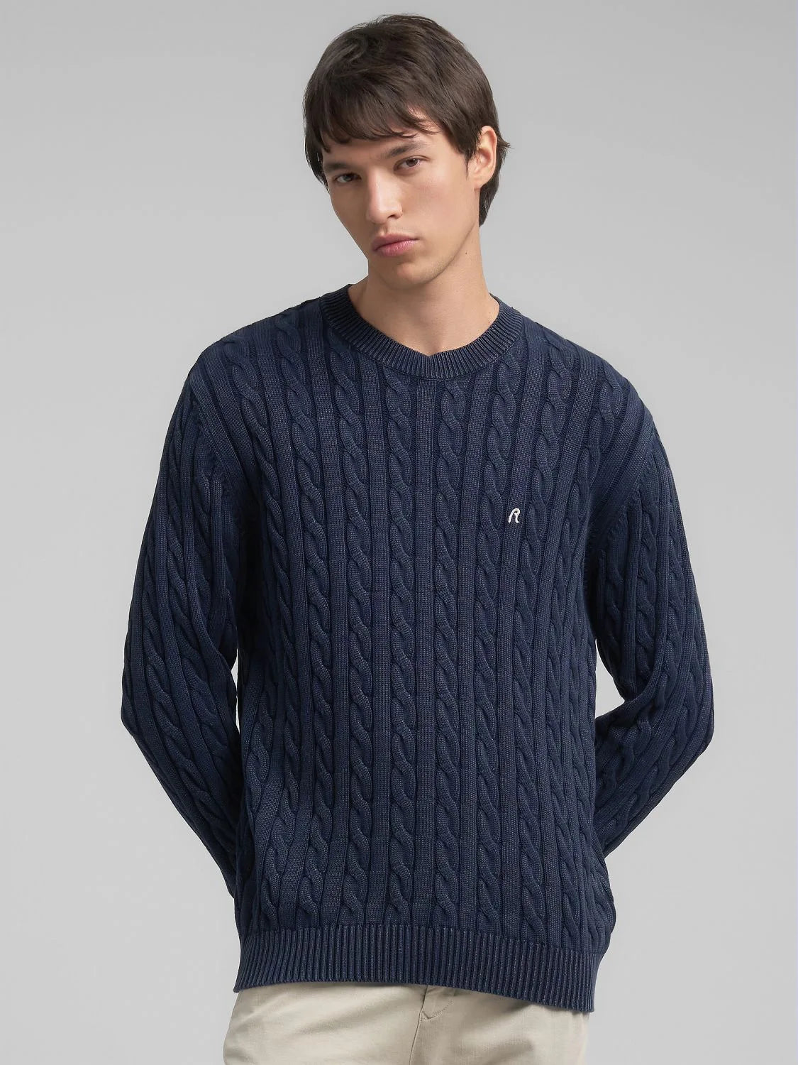 COTTON PULLOVER CABLE KNIT, BLUE