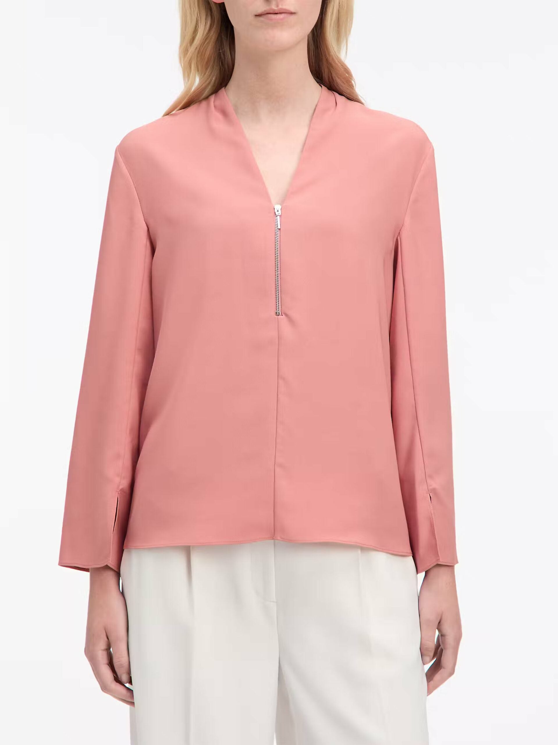Heavy Georgette LS Zip Blouse, Light Mahogany