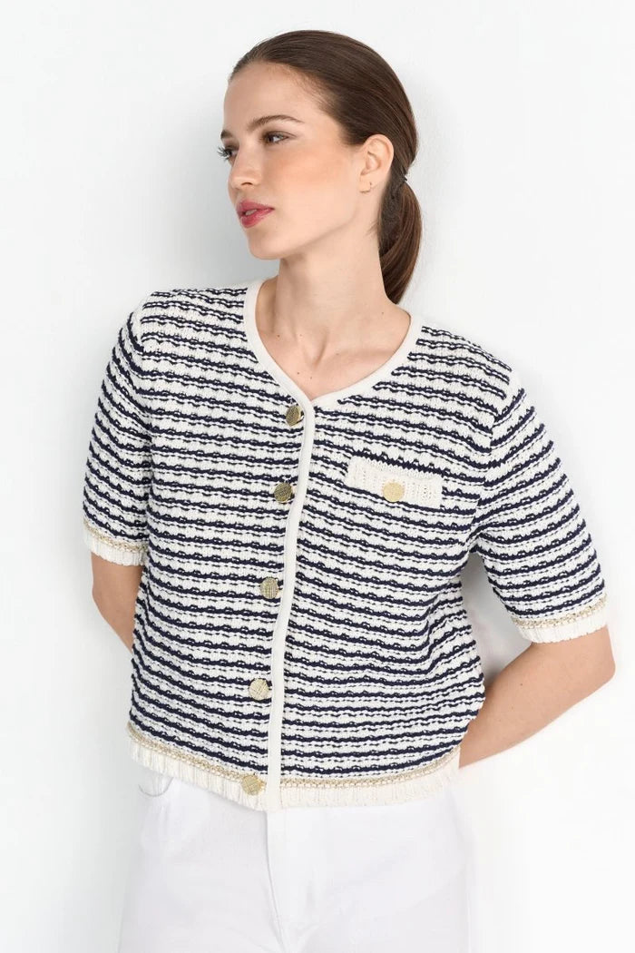 Boxy Striped Structure Cardigan, Pearl White