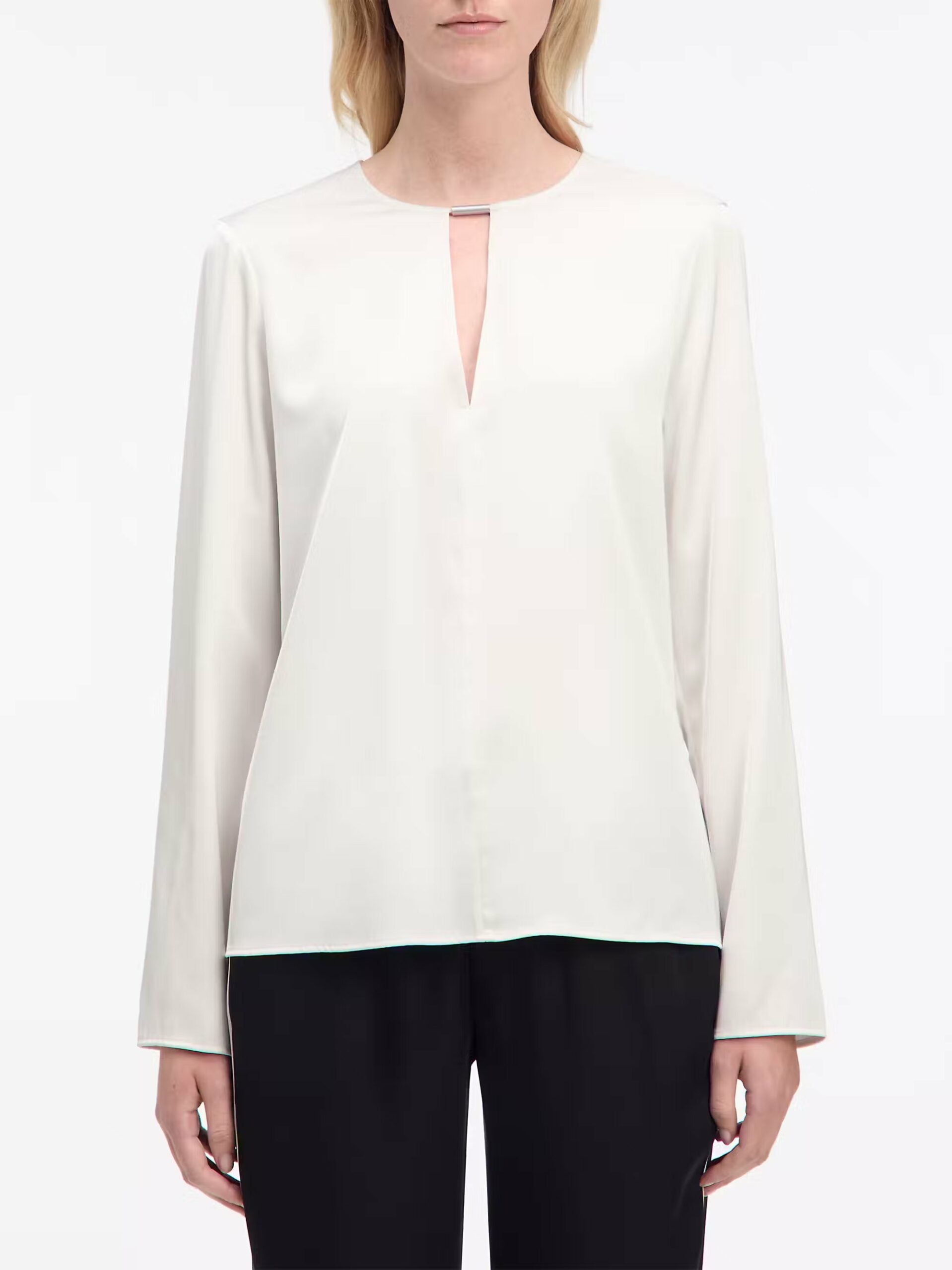 Drapey Satin LS Blouse, Chalk