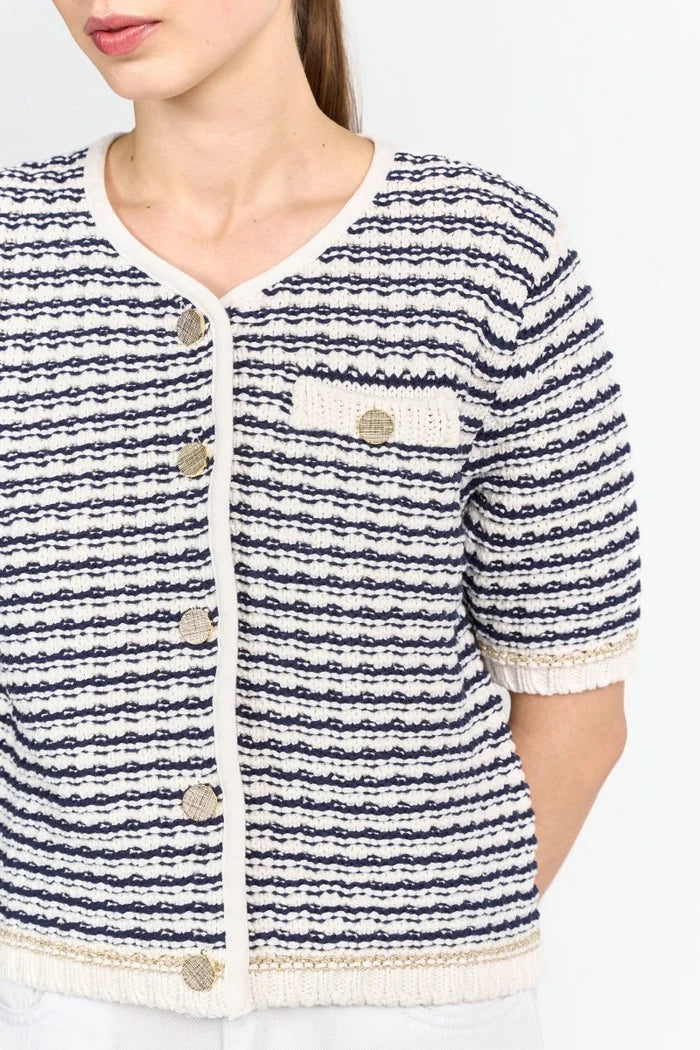 Boxy Striped Structure Cardigan, Pearl White