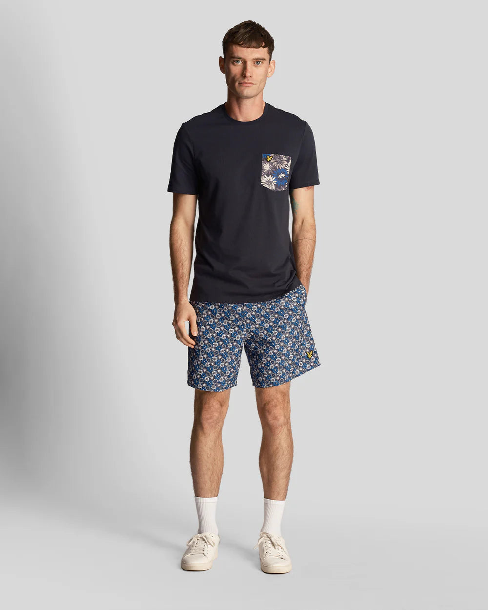 Floral Print Resort Swim Shorts, Dark Navy