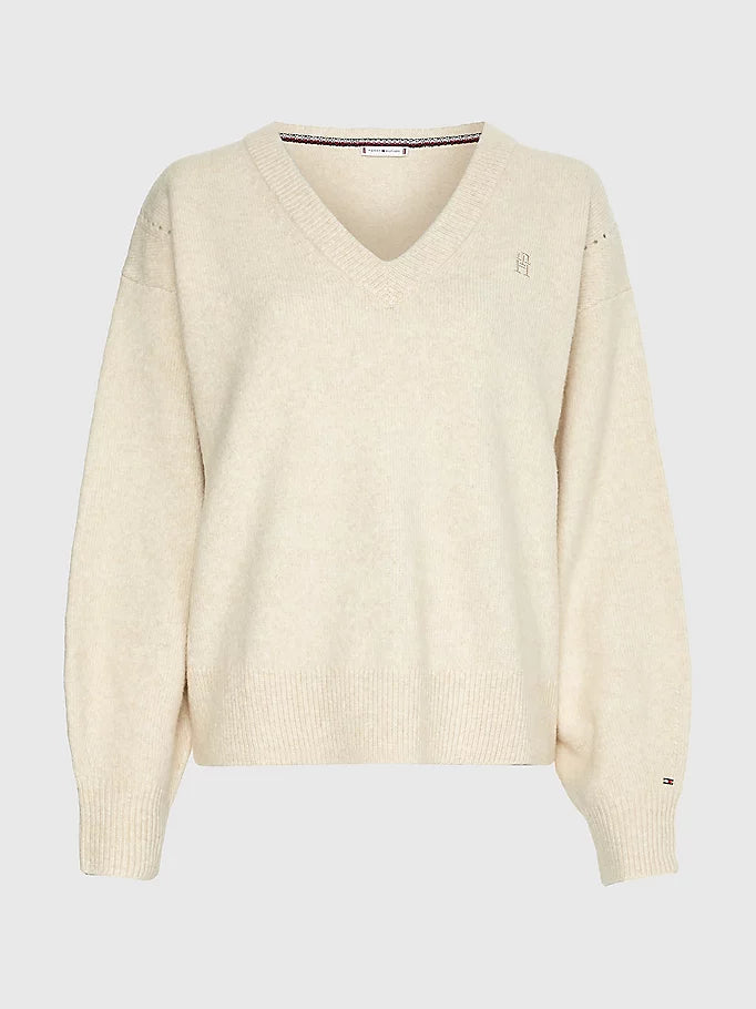 Puff sleeve v-nk sweater, oatmilk