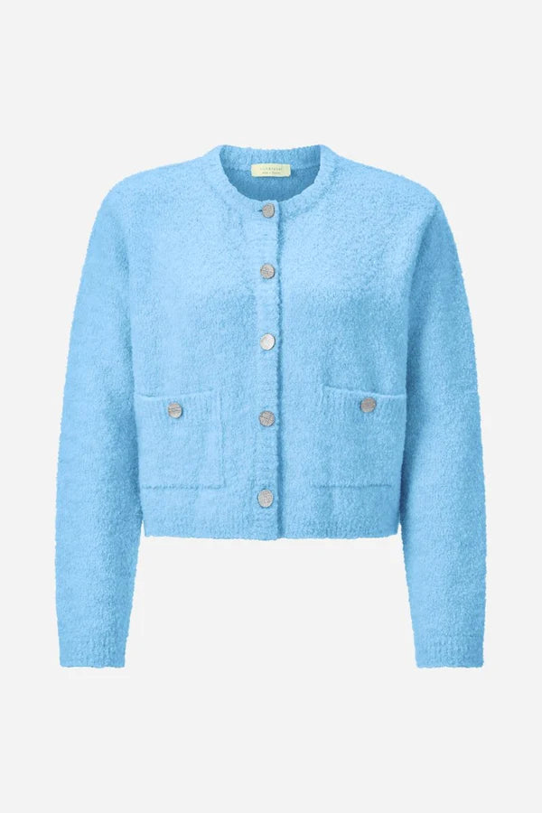 BOUCLÉ CARDIGAN W/BUTTONS, FROSTY BLUE