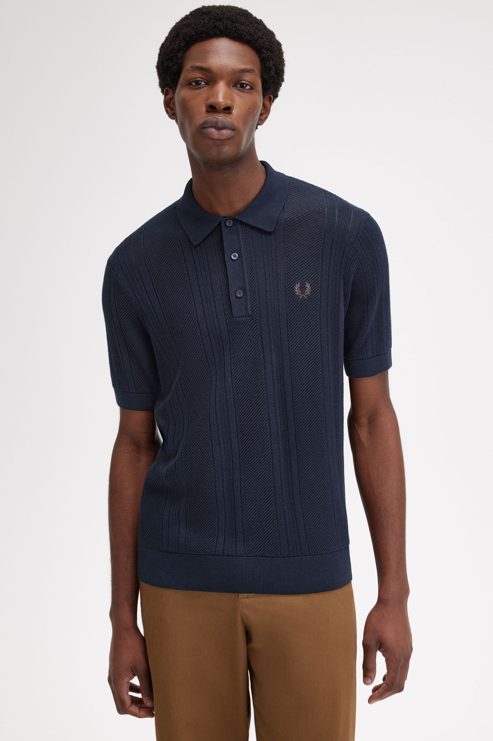 Pointelle Panel Knit shirt, navy