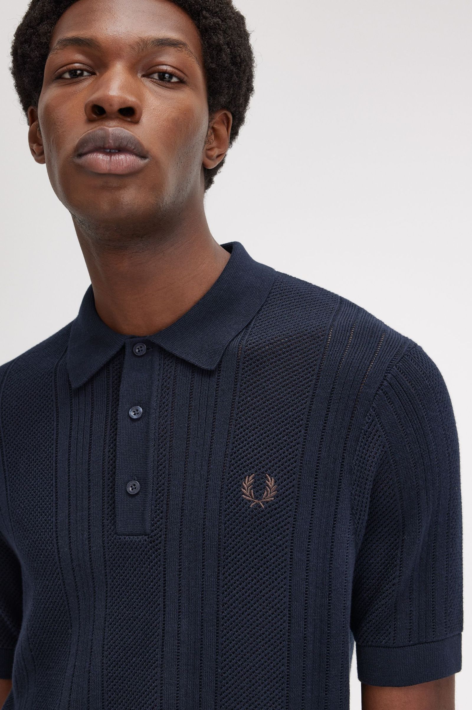Pointelle Panel Knit shirt, navy