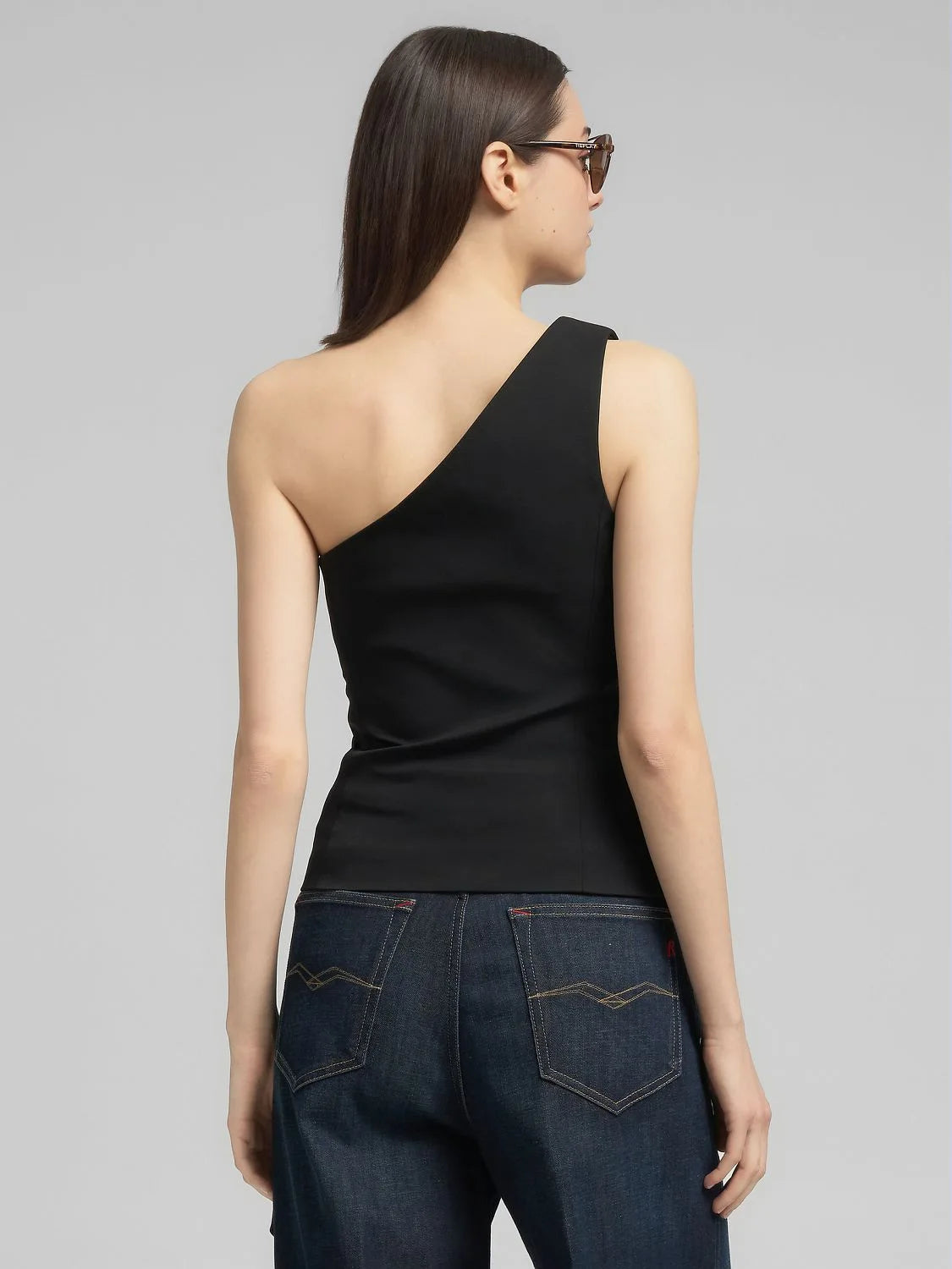 ONE-SHOULDER TOP W/SASH BELT, BLACK