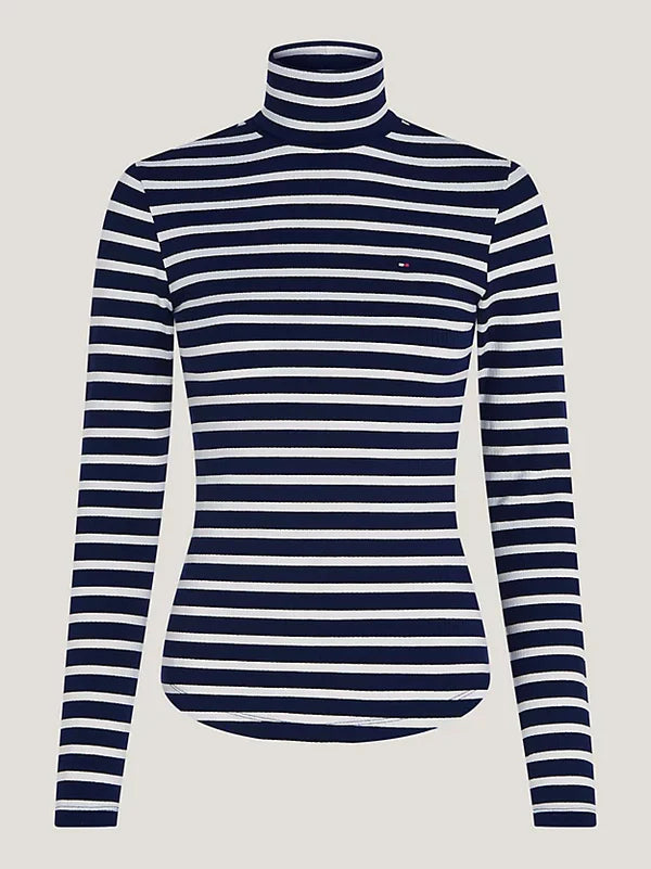 SLIM FIT ROLL NECK BLOUSE, NAVY STRIPE