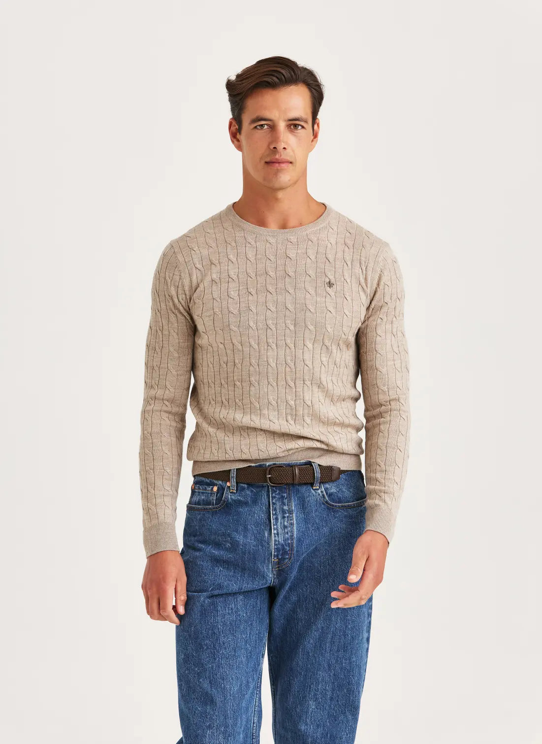 MERINO CABLE ONECK KNIT, KHAKI