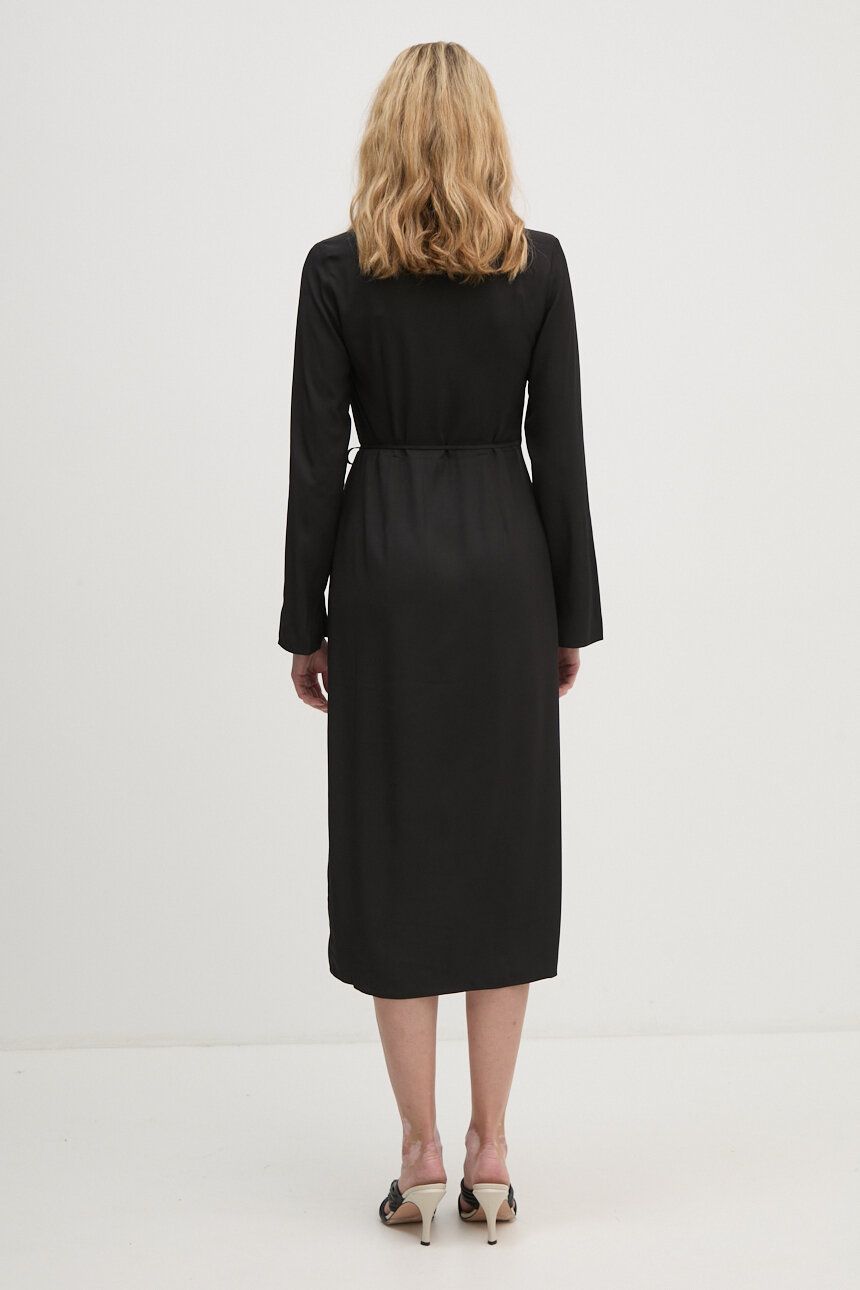 Viscose Twill Wrap Midi Dress, Black