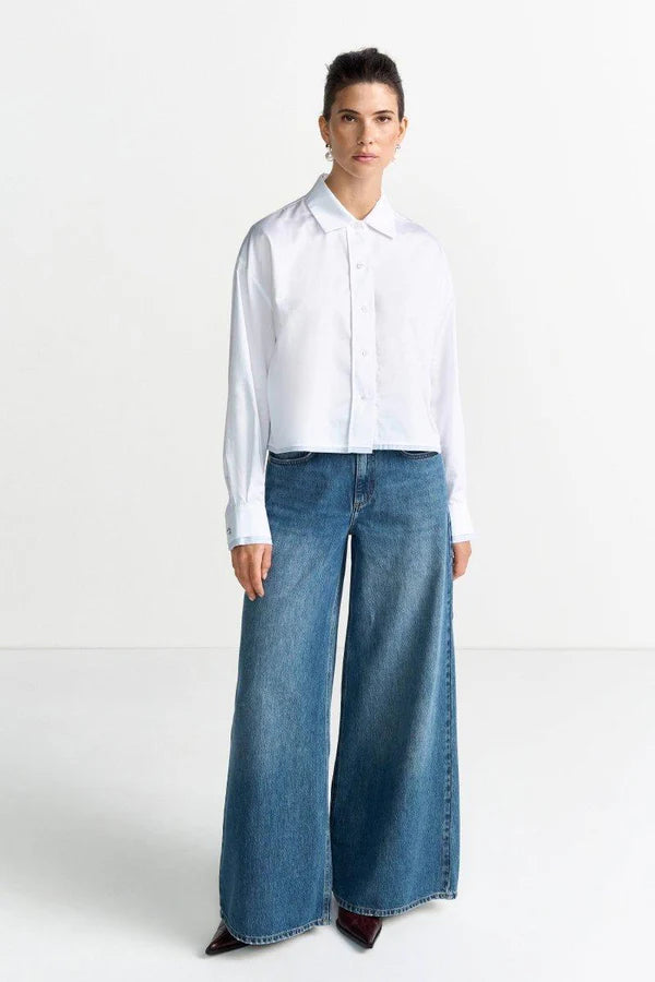 SHIRT BLOUSE W/CONTRASTING PIPING, WHITE